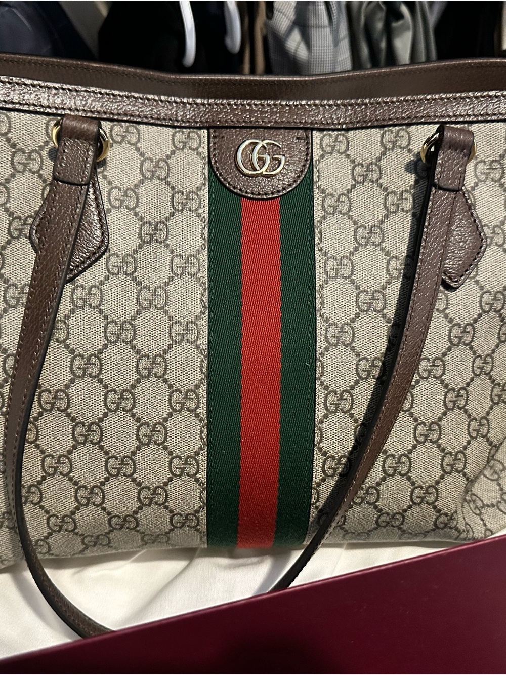 Gucci Beige GG Supreme Tote with Green-Red Web and Brown Trim
